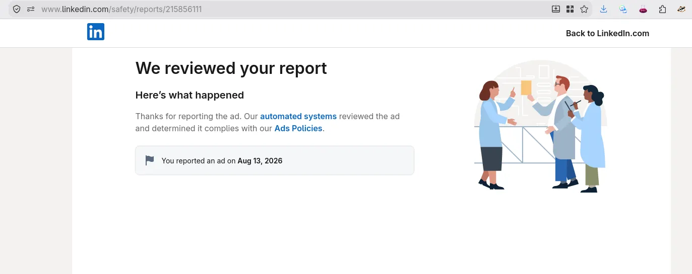 LinkedIn Safety Report result stating ad complies with Ads Policies