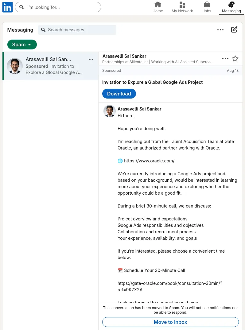 LinkedIn Sponsored InMail from Quantum Partnerships Lead